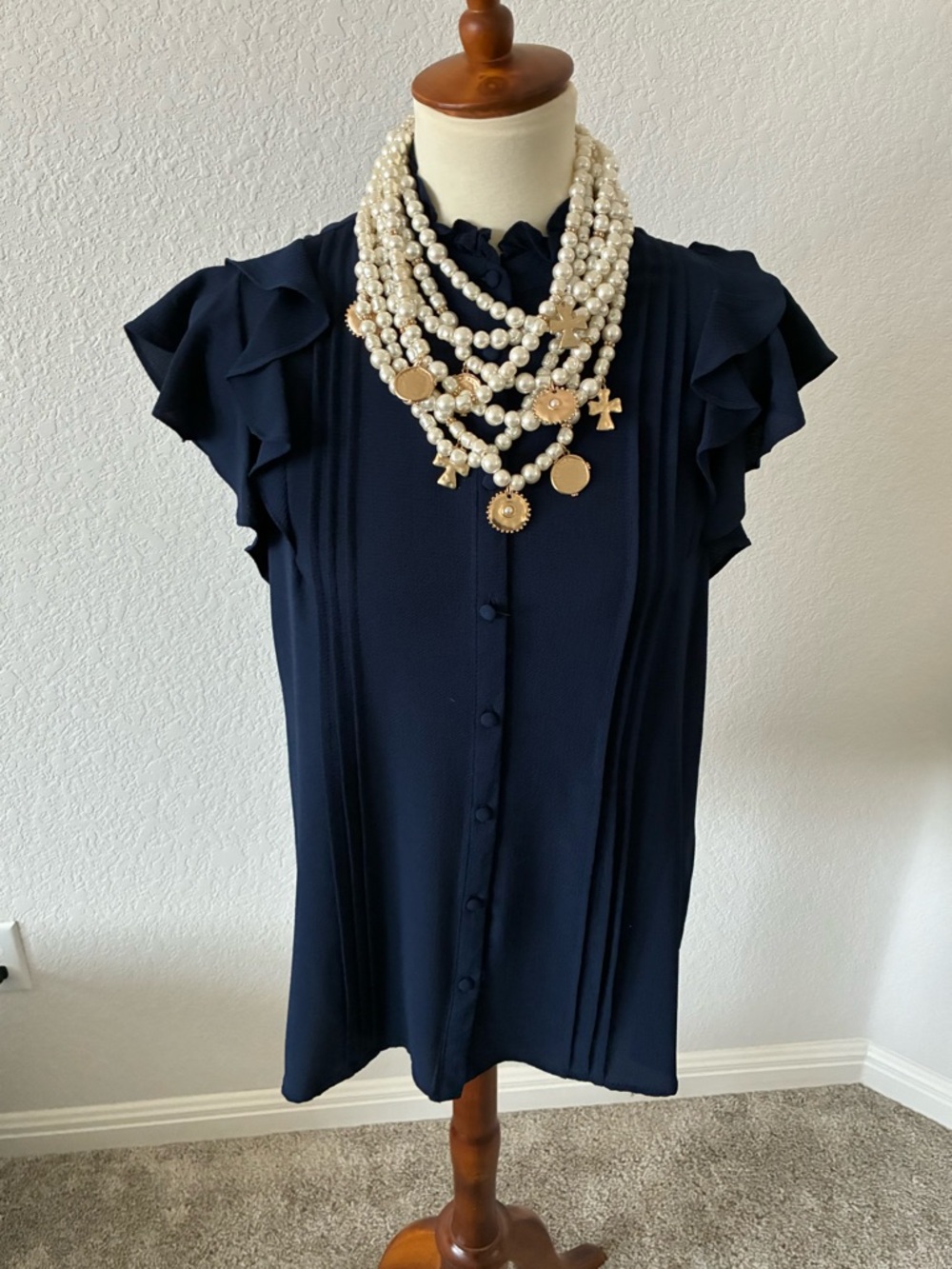 CeCe Navy Ruffle Sleeve Button-Front Blouse